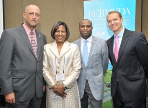 W. Dave Dowrich, VP of Investment at Goldman Sachs, 2nd from r., with Chairman of the CTO, Ricky Skerritt, l; Minister Minors of Bermuda, 2.d from l., and Brian Lilly, r., CEO of Lilly Broadcasting and owner of WSEE TV and One Caribbean Weather, premier sponsors of the event. (Sharon Bennett image)