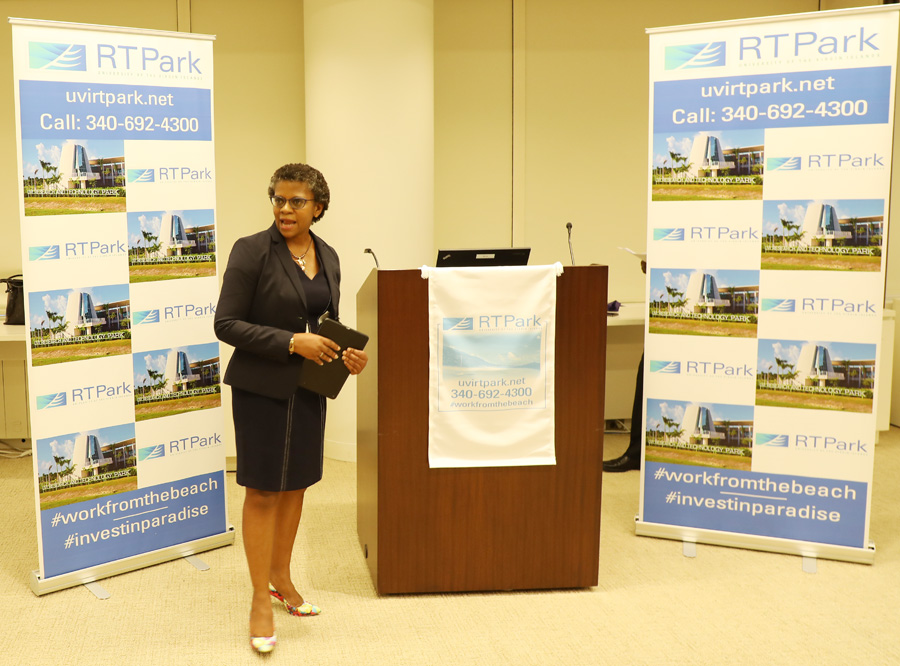 Dr. Gillian Marcelle, executive director of the Virgin Islands’ Specialist Economic Development Agency, the UVI RTPark, addressing VIP guests at the June 7th Investment Shocase in NYC. 