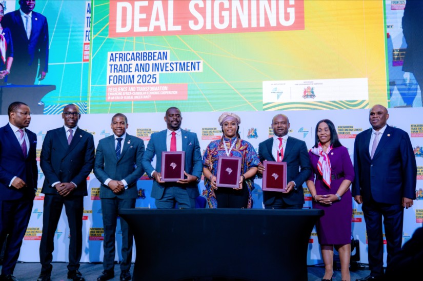 aisha-maina-st-kitts-port-deal At the signing of the USD$ 40m Port deal for St Kitts & Nevis: L-R (Middle): 1. Hon. Dr. Terrance Drew, PM, St. Kitts & Nevis, Hon Minister Samal Duggins, Minister of Agriculture et. Al, St. Kitts and Nevis, Miss Aisha Maina, Managing Director, Aquarian Consult, Mr. Eric Intong, Acting Group Managing Director, Client Relations, Afreximbank and Prof. Benedict Oramah, President, Afreximbank.