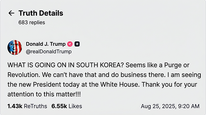 Screenshot of U.S. President Donald Trump’s Truth Social post